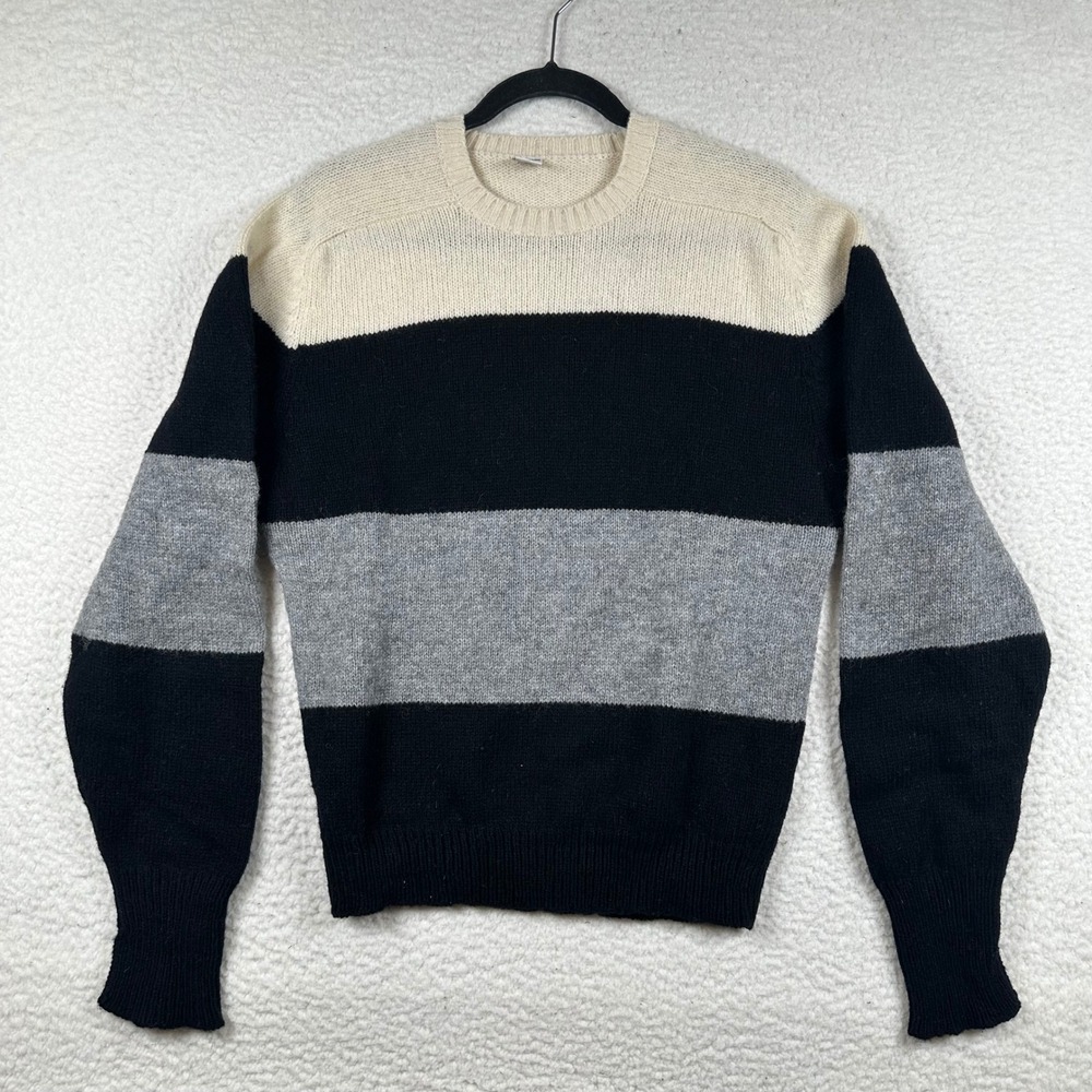 Vintage Shetland Wool Sweater Mens Striped Colorblock Crewneck XL Black Cream
